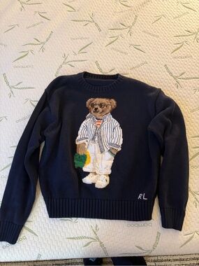 Polo by Ralph Lauren Navy Bear Crewneck Sweater with Striped Jacket Graphic